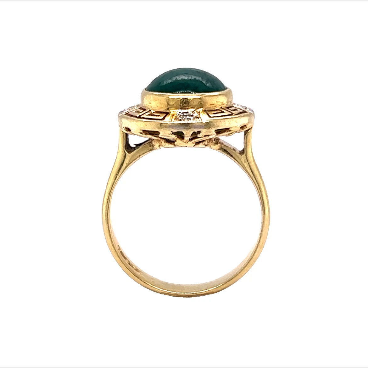 Mid-Century Ornate Jade & Diamond Ring in 18k Yellow Gold - Image 4