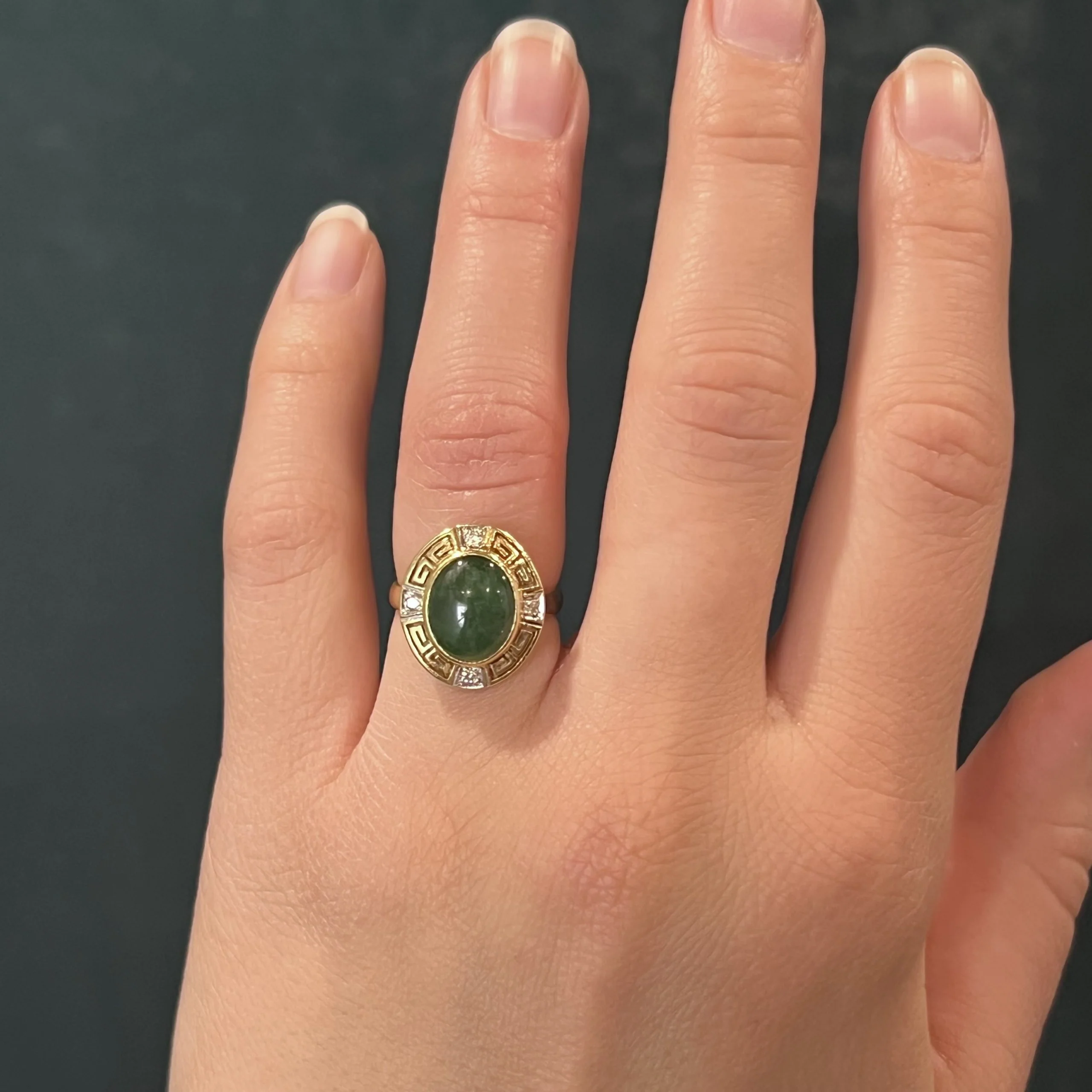 Mid-Century Ornate Jade & Diamond Ring in 18k Yellow Gold - Image 6
