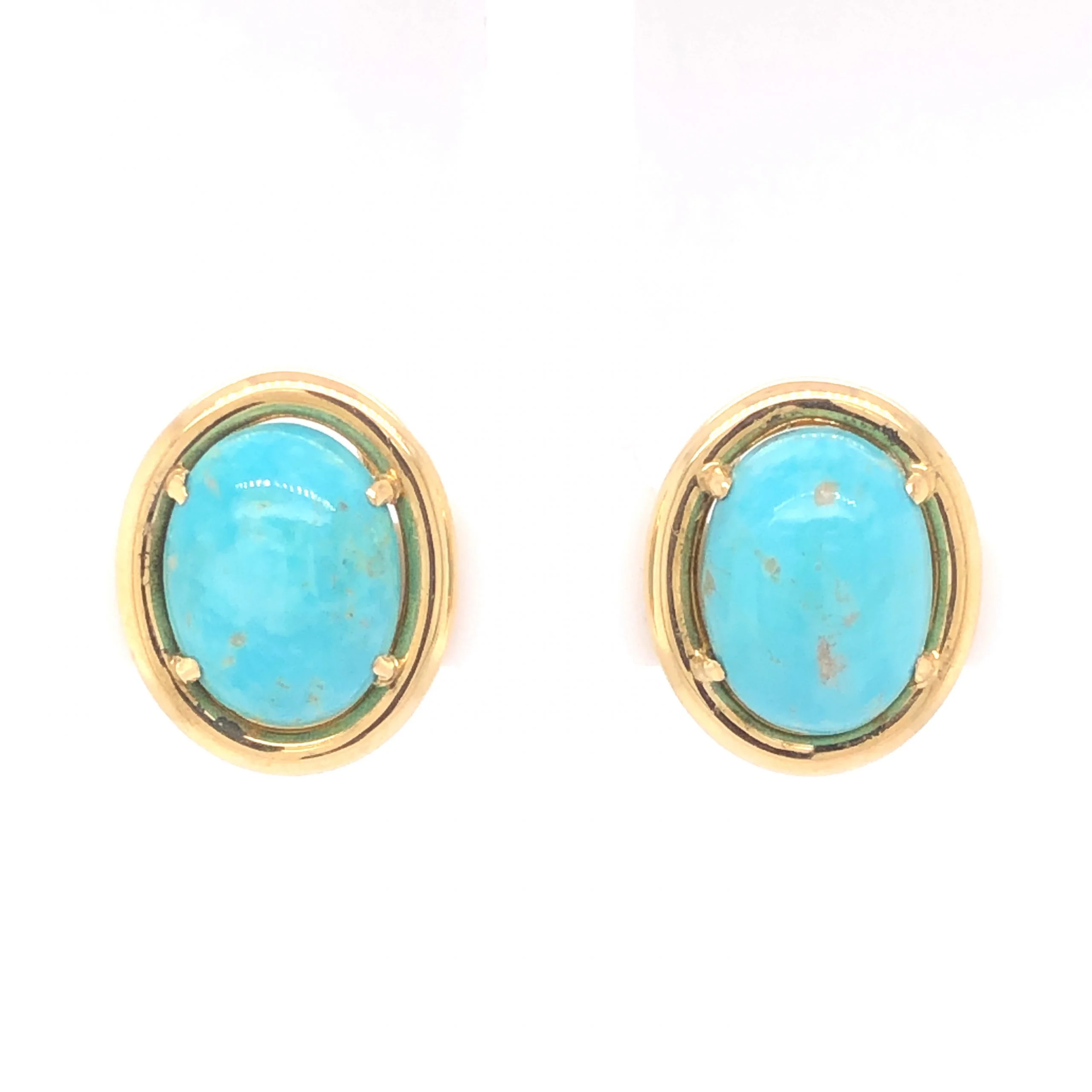 Mid-Century Oval Cut Turquoise Clip On Earrings 14k Yellow Gold