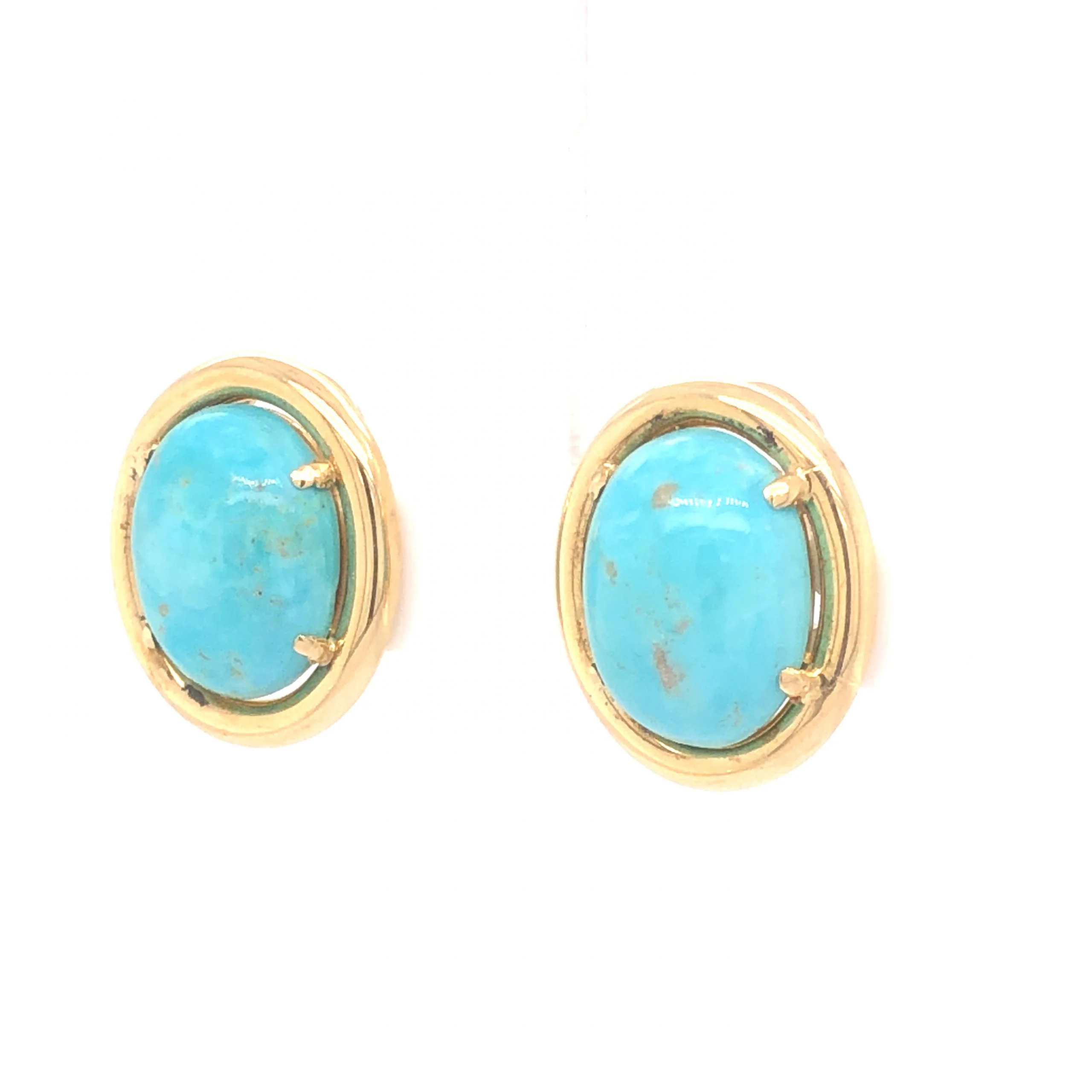 Mid-Century Oval Cut Turquoise Clip On Earrings 14k Yellow Gold - Image 2