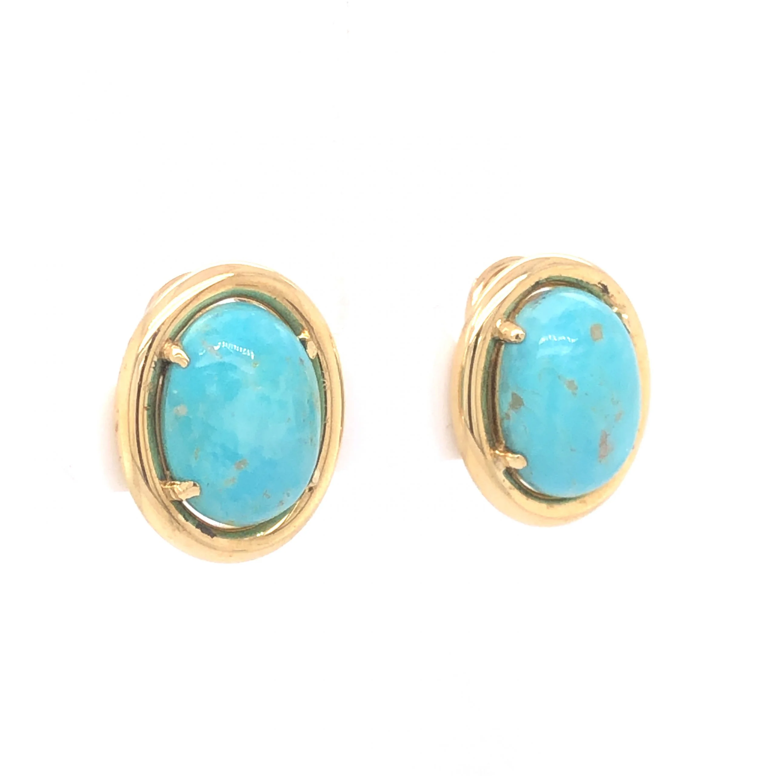Mid-Century Oval Cut Turquoise Clip On Earrings 14k Yellow Gold - Image 3