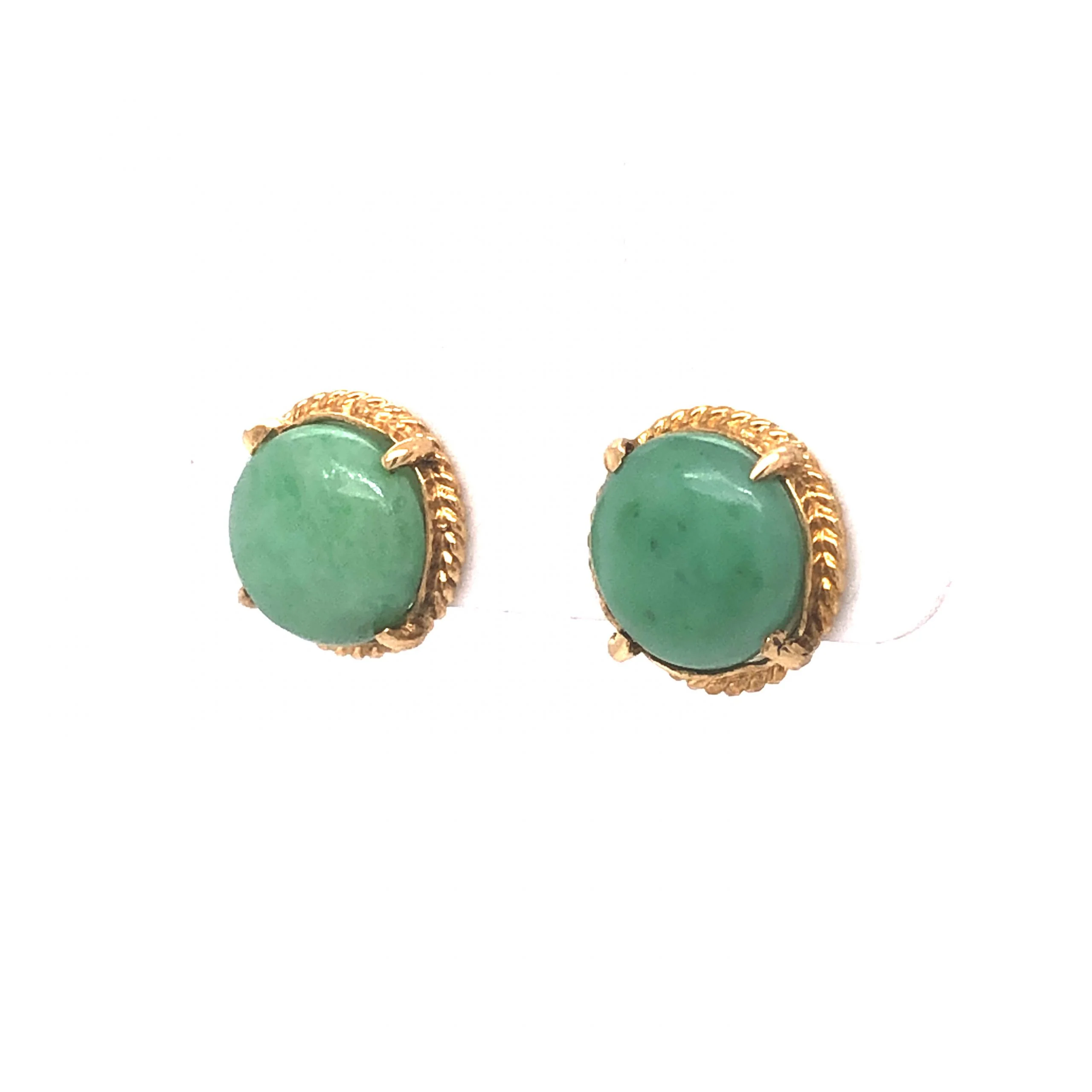Mid-Century Round Jade Stud Earrings in 18k Yellow Gold - Image 2