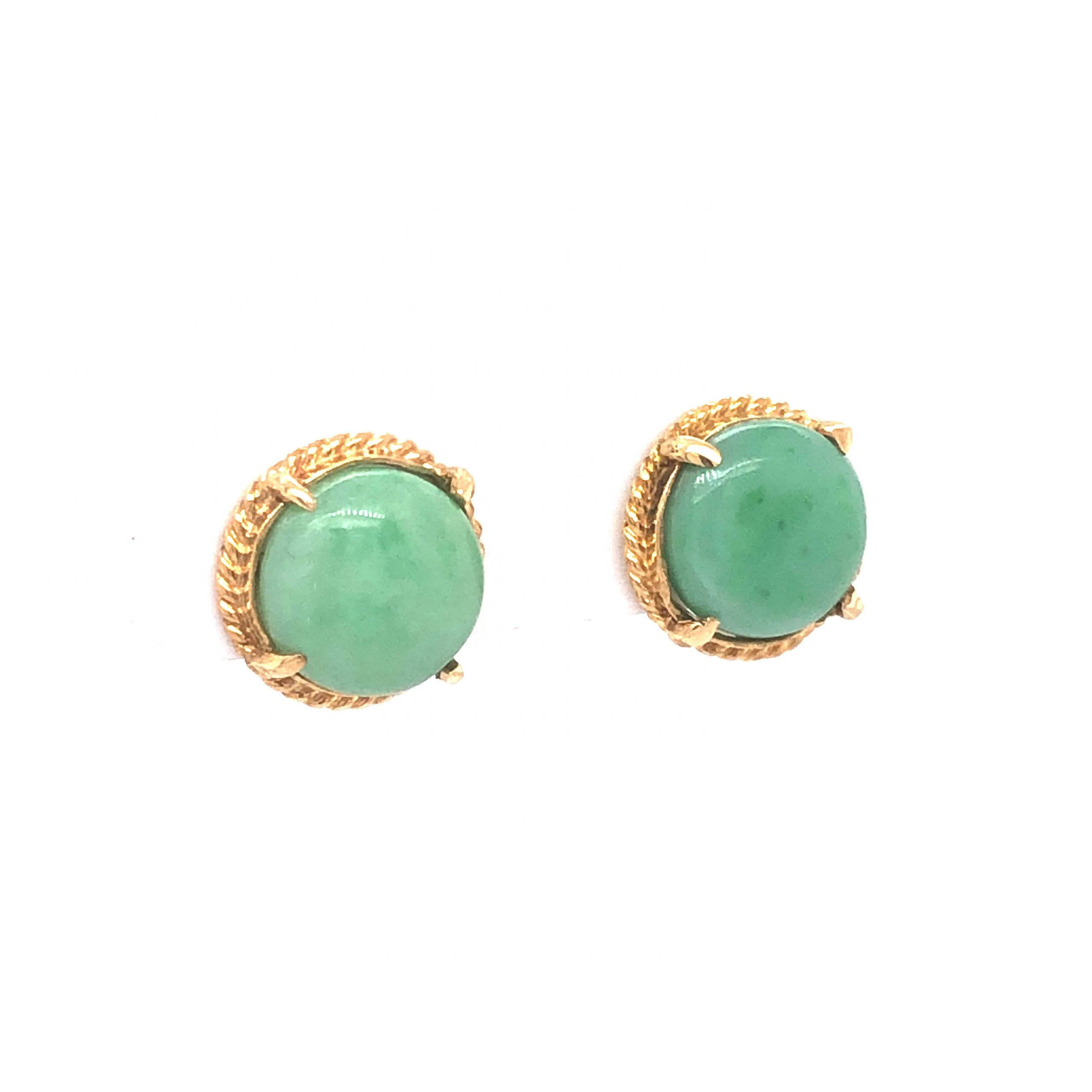 Mid-Century Round Jade Stud Earrings in 18k Yellow Gold - Image 3