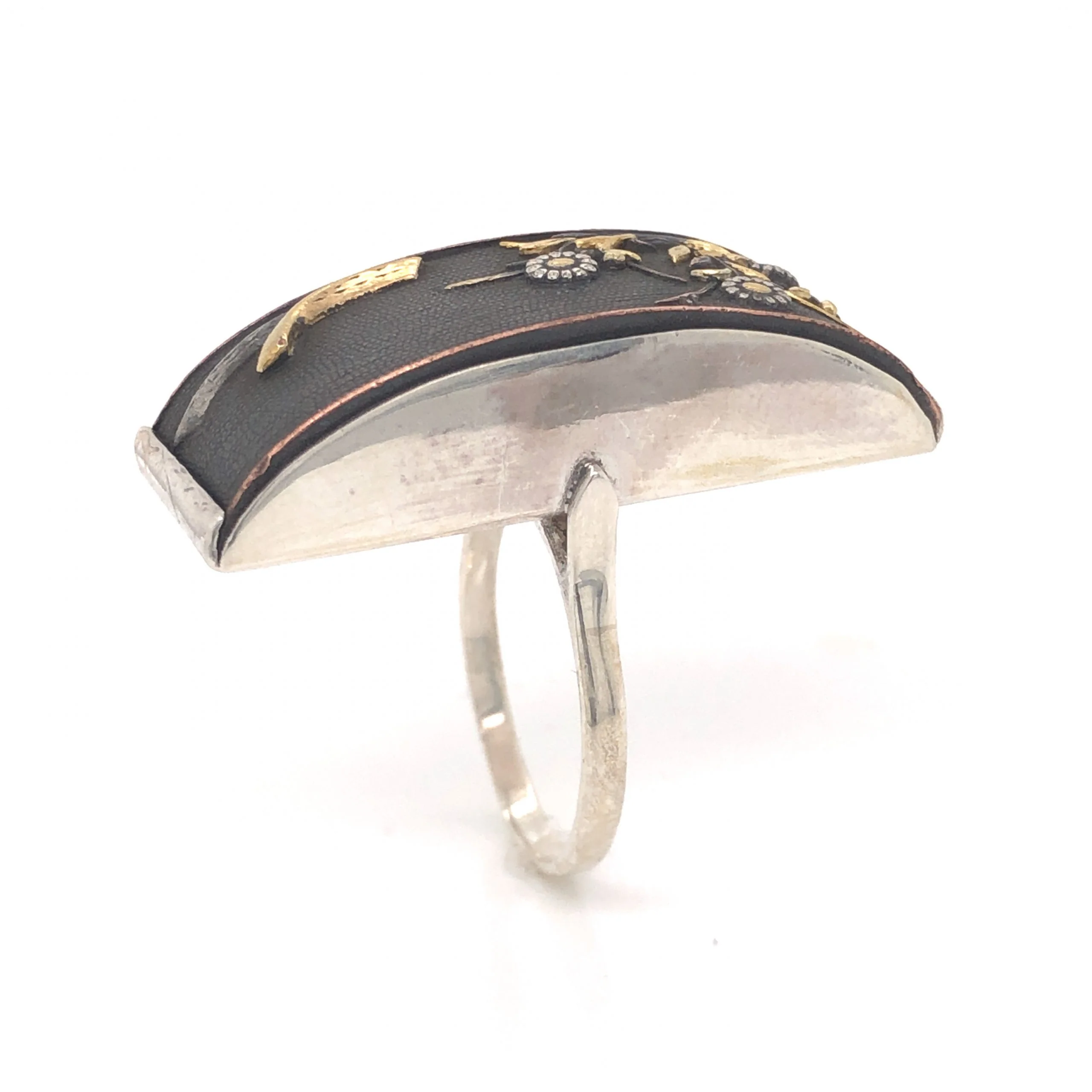 Mid-Century Shakudo Cocktail Ring in Sterling Silver - Image 4