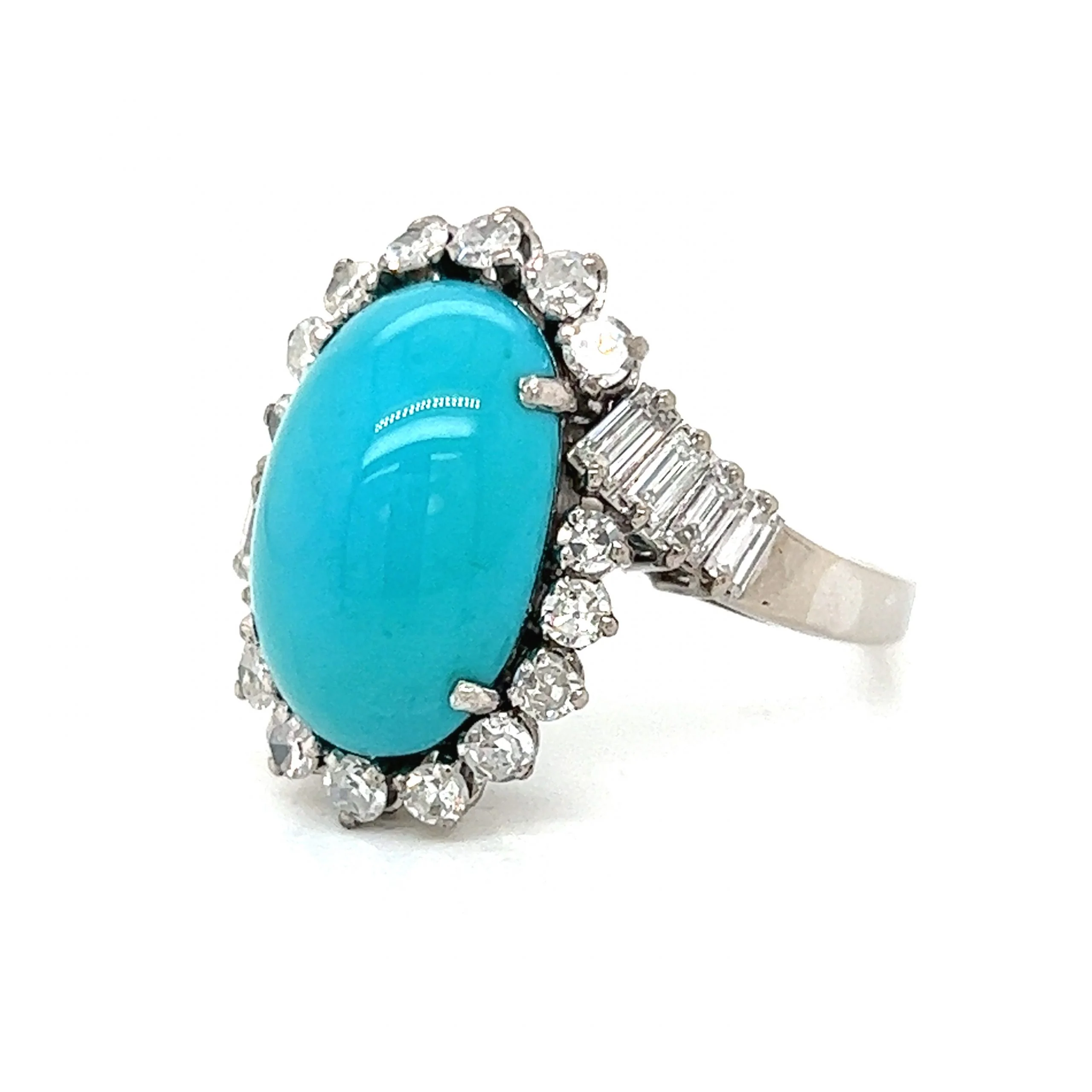 Mid-Century Turquoise & Diamond Cocktail Ring 18k White Gold - Image 2
