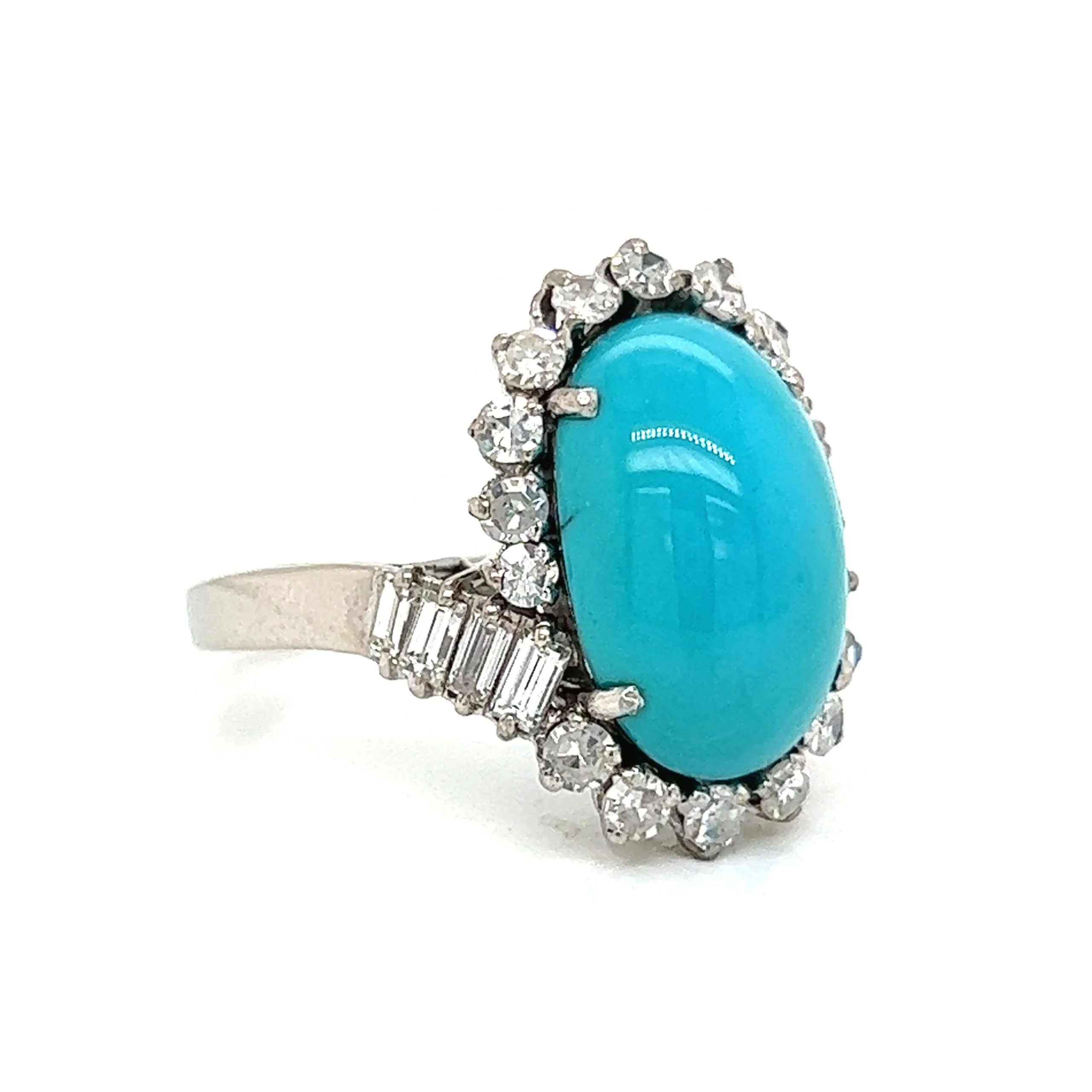 Mid-Century Turquoise & Diamond Cocktail Ring 18k White Gold - Image 3