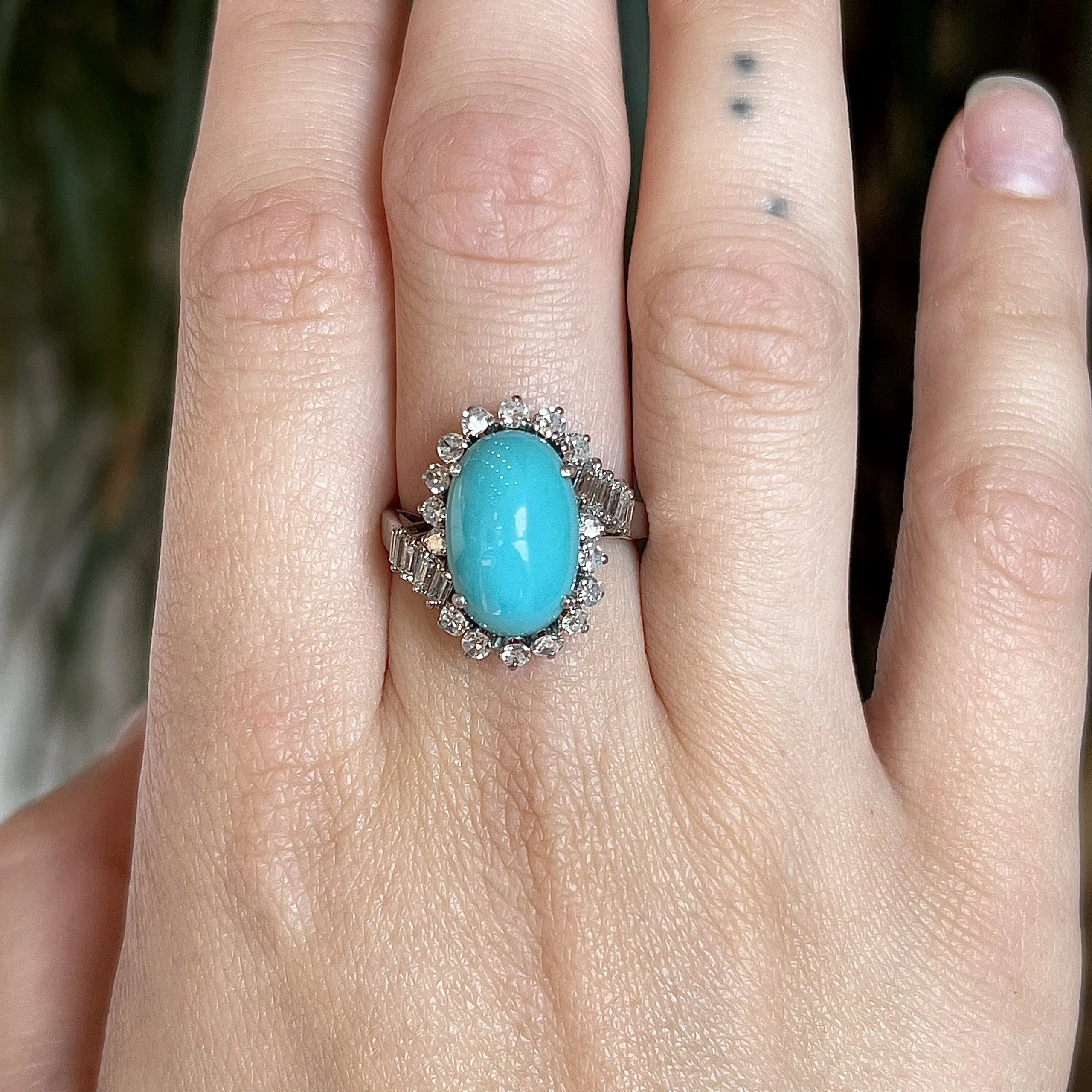 Mid-Century Turquoise & Diamond Cocktail Ring 18k White Gold - Image 6