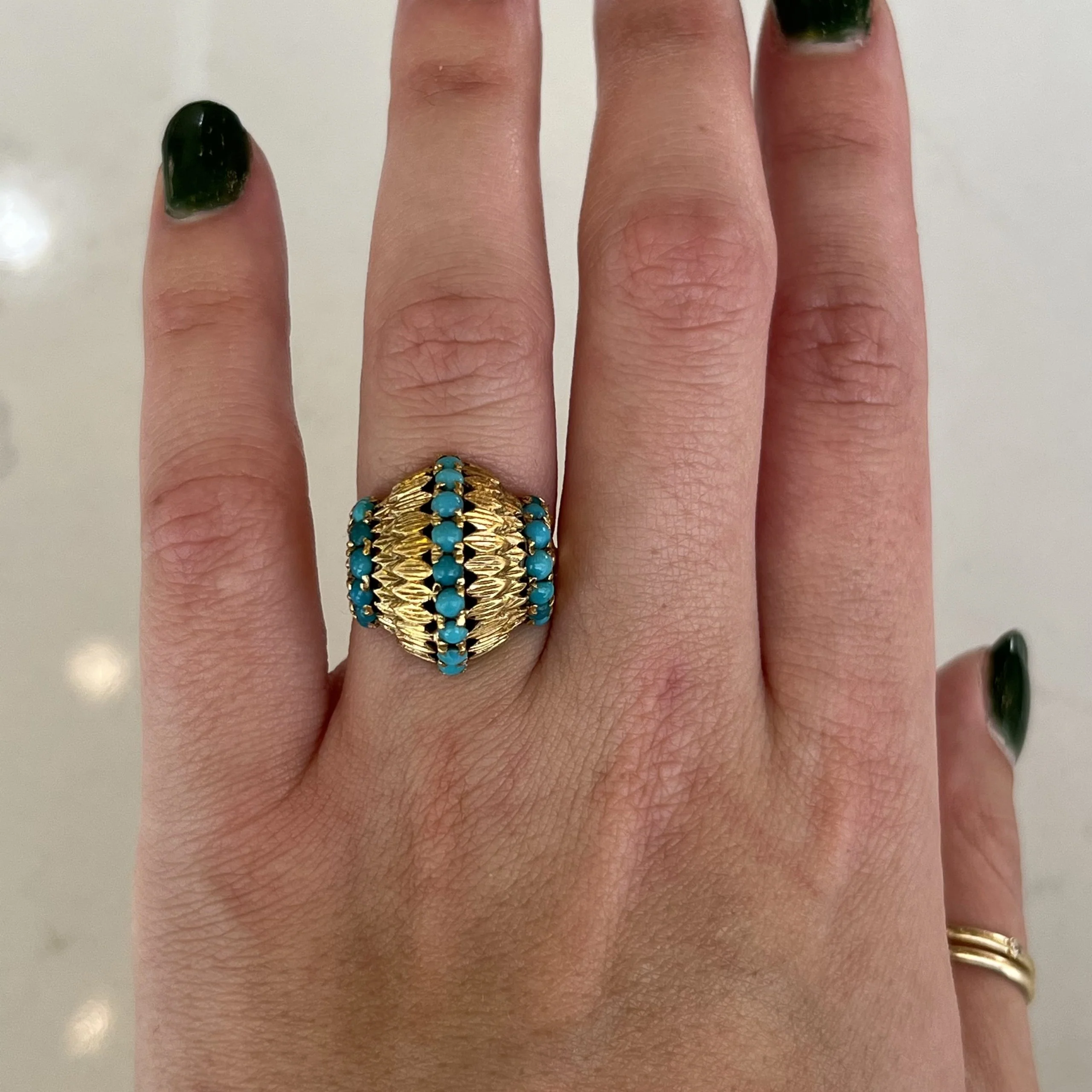 Mid-Century Turquoise Dome Cocktail Ring in 14k Yellow Gold - Image 6