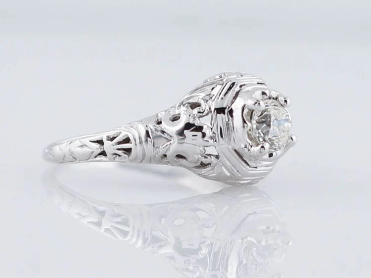 Mine Cut Art Deco Diamond Filigree Engagement Ring in 18k - Image 3