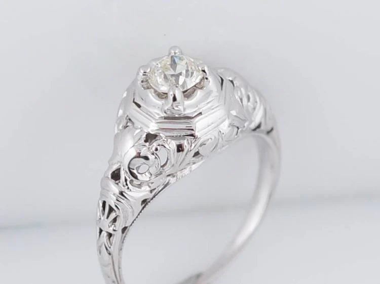 Mine Cut Art Deco Diamond Filigree Engagement Ring in 18k - Image 4