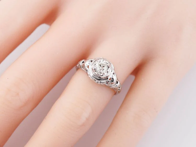 Mine Cut Art Deco Diamond Filigree Engagement Ring in 18k - Image 6