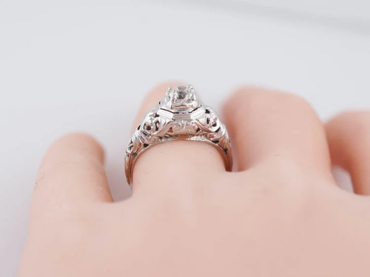 Mine Cut Art Deco Diamond Filigree Engagement Ring in 18k - Image 7