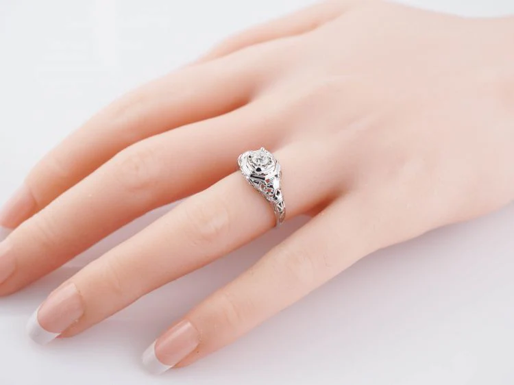 Mine Cut Art Deco Diamond Filigree Engagement Ring in 18k - Image 9