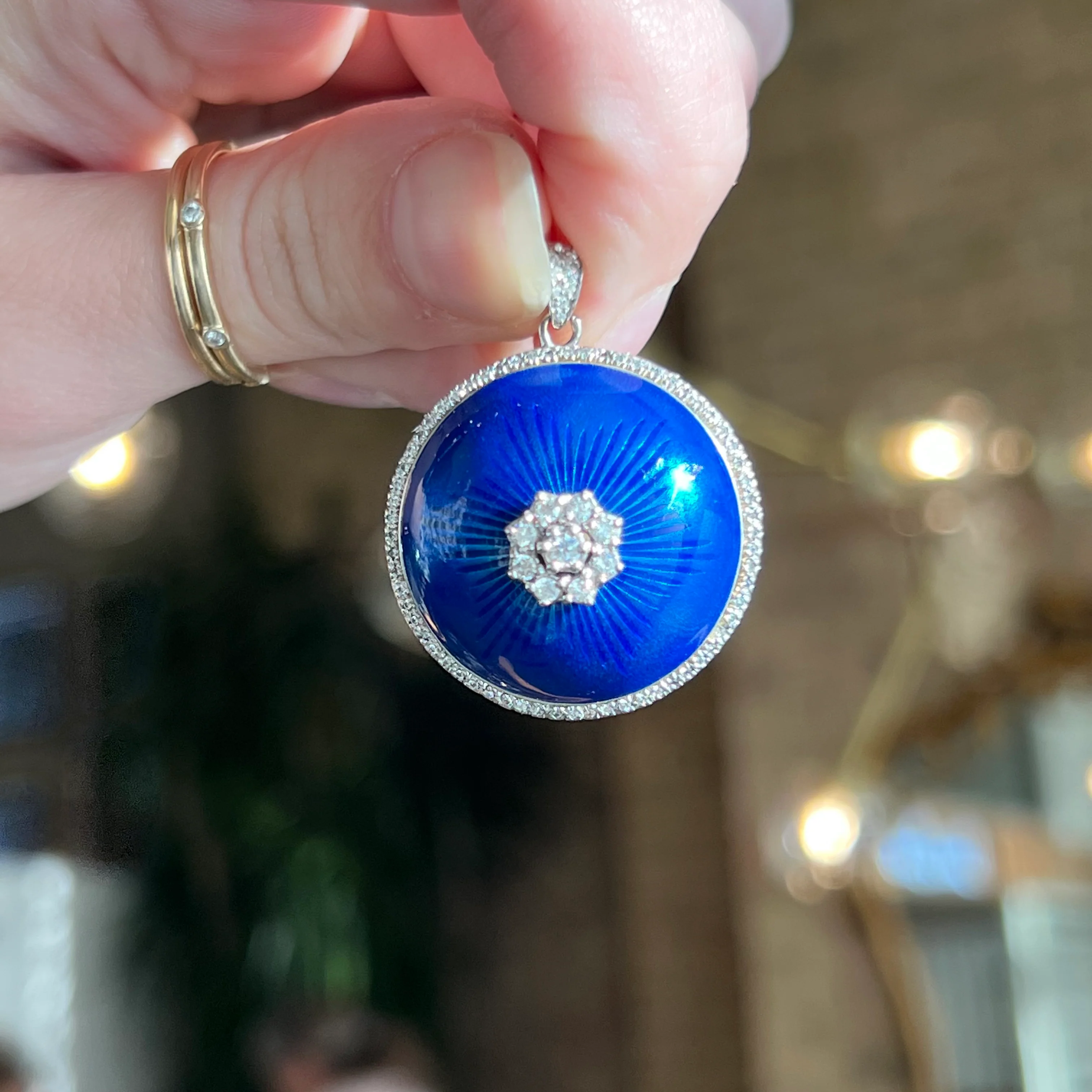 Modern Blue Enamel Diamond Pendant in 18k Gold - Image 4