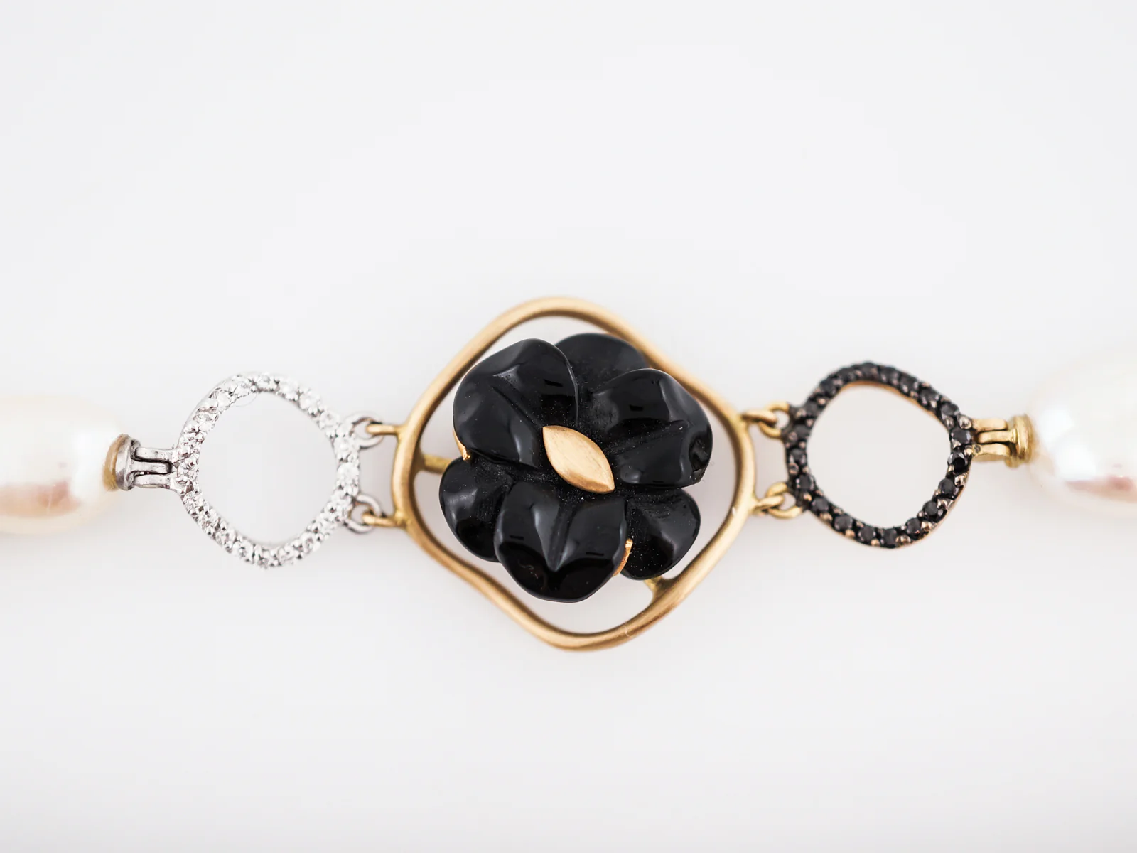 ***RTV***Modern Bracelet .36 White Diamonds, .72 Black Diamonds, Pearl & Onyx in 14K Yellow Gold