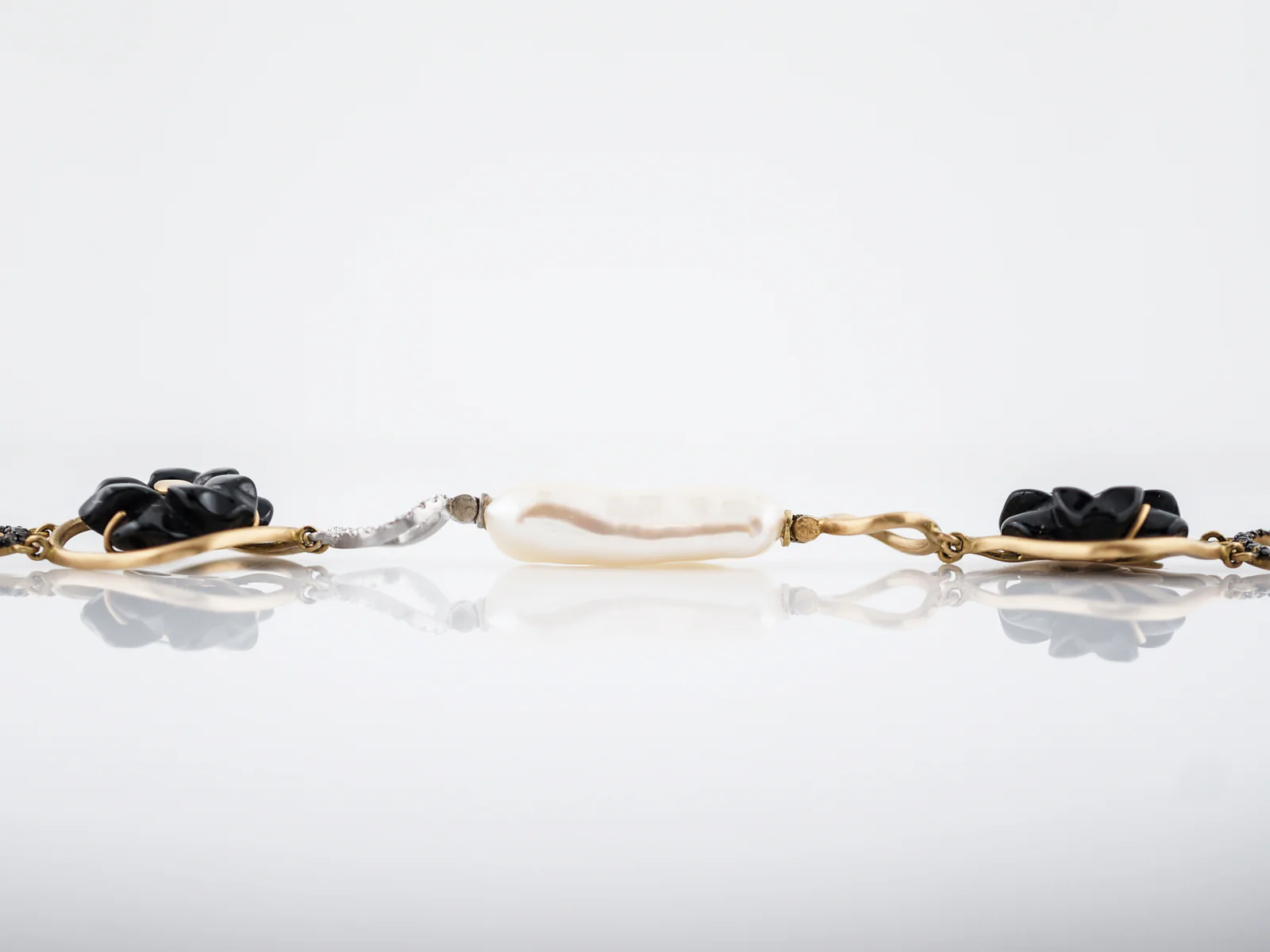 ***RTV***Modern Bracelet .36 White Diamonds, .72 Black Diamonds, Pearl & Onyx in 14K Yellow Gold - Image 3