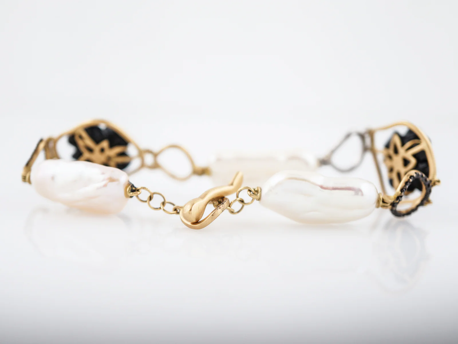 ***RTV***Modern Bracelet .36 White Diamonds, .72 Black Diamonds, Pearl & Onyx in 14K Yellow Gold - Image 4