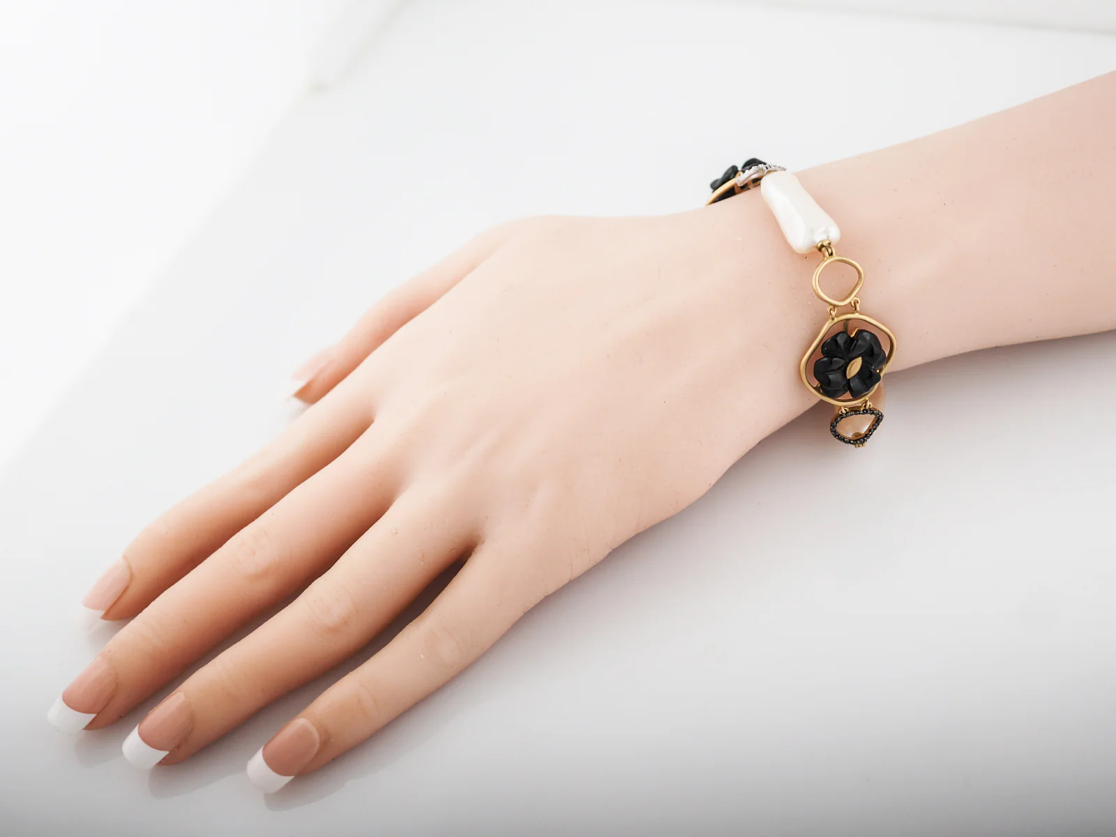 ***RTV***Modern Bracelet .36 White Diamonds, .72 Black Diamonds, Pearl & Onyx in 14K Yellow Gold - Image 6