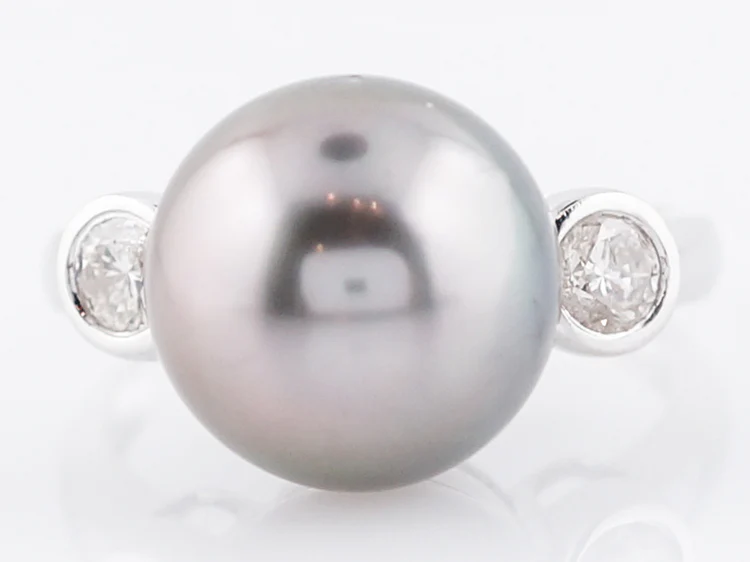 Modern Cocktail Ring Tahitian Pearl & .40 Round Brilliant Cut Diamonds in 14k White Gold