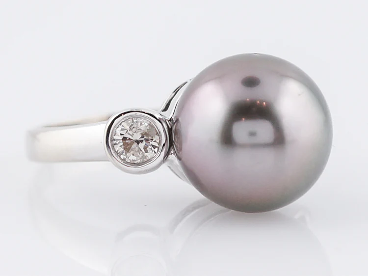Modern Cocktail Ring Tahitian Pearl & .40 Round Brilliant Cut Diamonds in 14k White Gold - Image 2