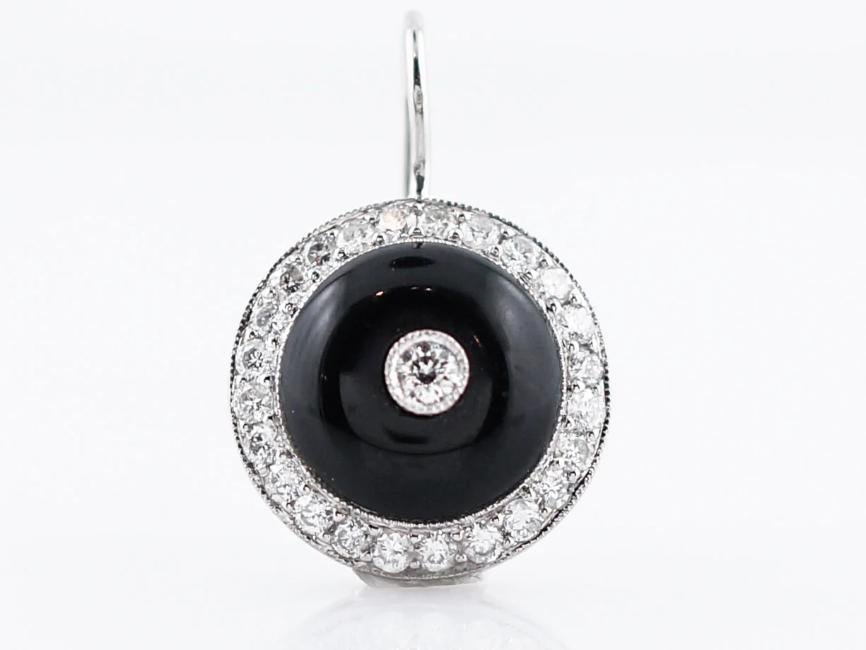 Modern Dangle Drop Earrings 4.64 Cabochon Cut Onyx & .80 Round Brilliant Cut Diamonds in Platinum - Image 2