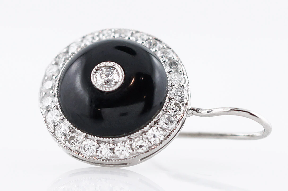 Modern Dangle Drop Earrings 4.64 Cabochon Cut Onyx & .80 Round Brilliant Cut Diamonds in Platinum - Image 5