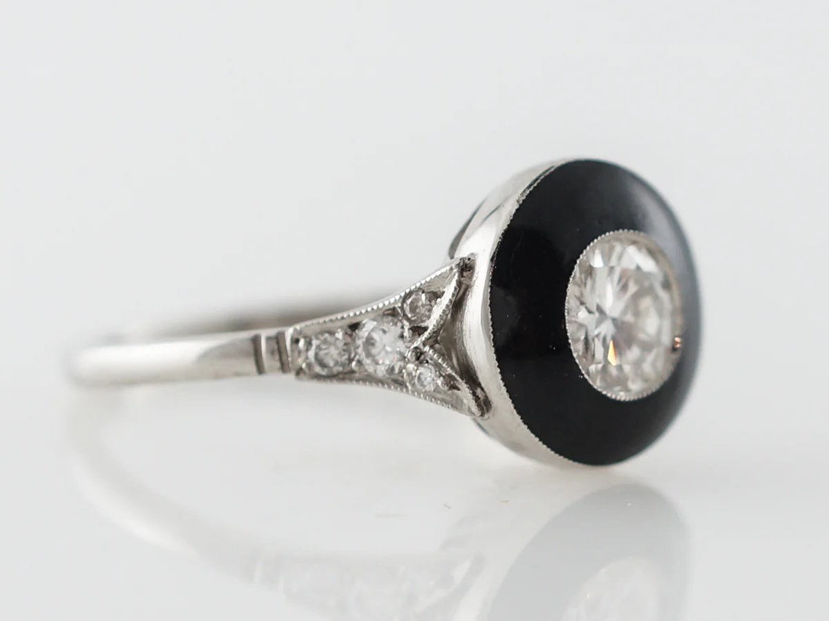 Diamond & Black Enamel Ring in Platinum - Image 3