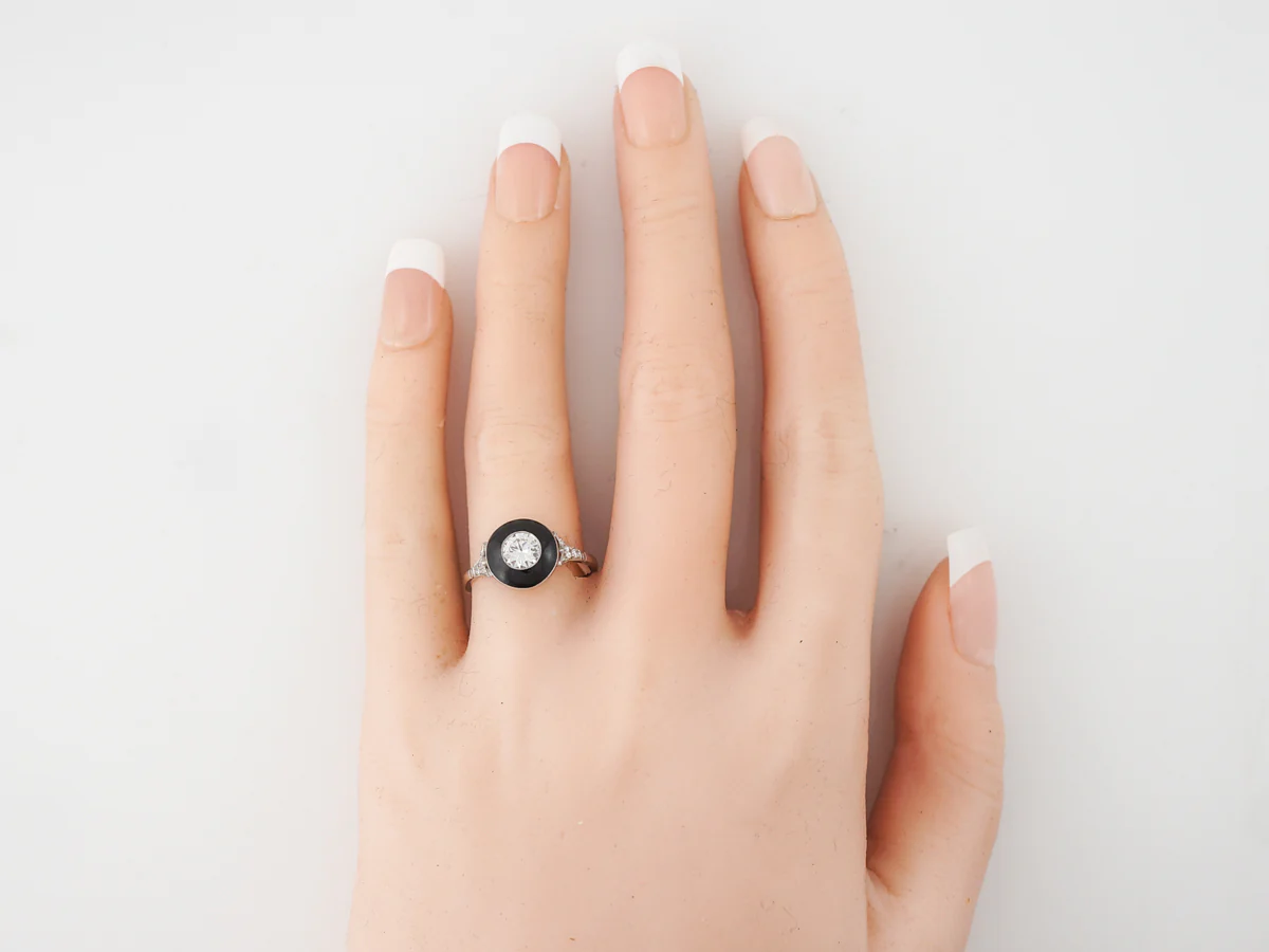 Diamond & Black Enamel Ring in Platinum - Image 6