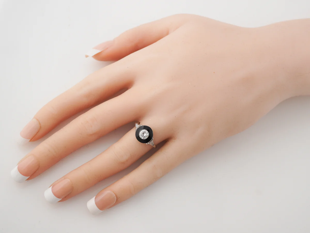 Diamond & Black Enamel Ring in Platinum - Image 7