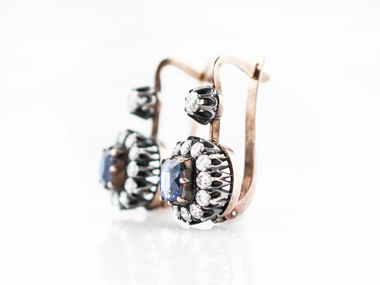 ***RTV***Modern Earrings 1.56 Oval Cut Sapphires & 1.20 Round Brilliant Cut Diamonds in 14k Rose Gold & Sterling Silver - Image 2