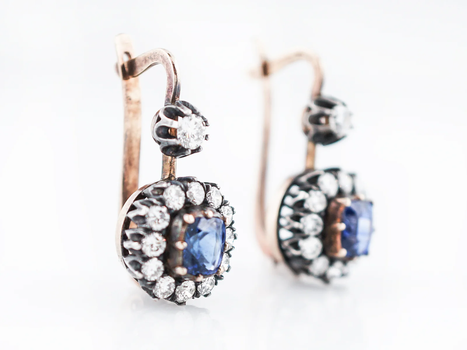 ***RTV***Modern Earrings 1.56 Oval Cut Sapphires & 1.20 Round Brilliant Cut Diamonds in 14k Rose Gold & Sterling Silver - Image 3