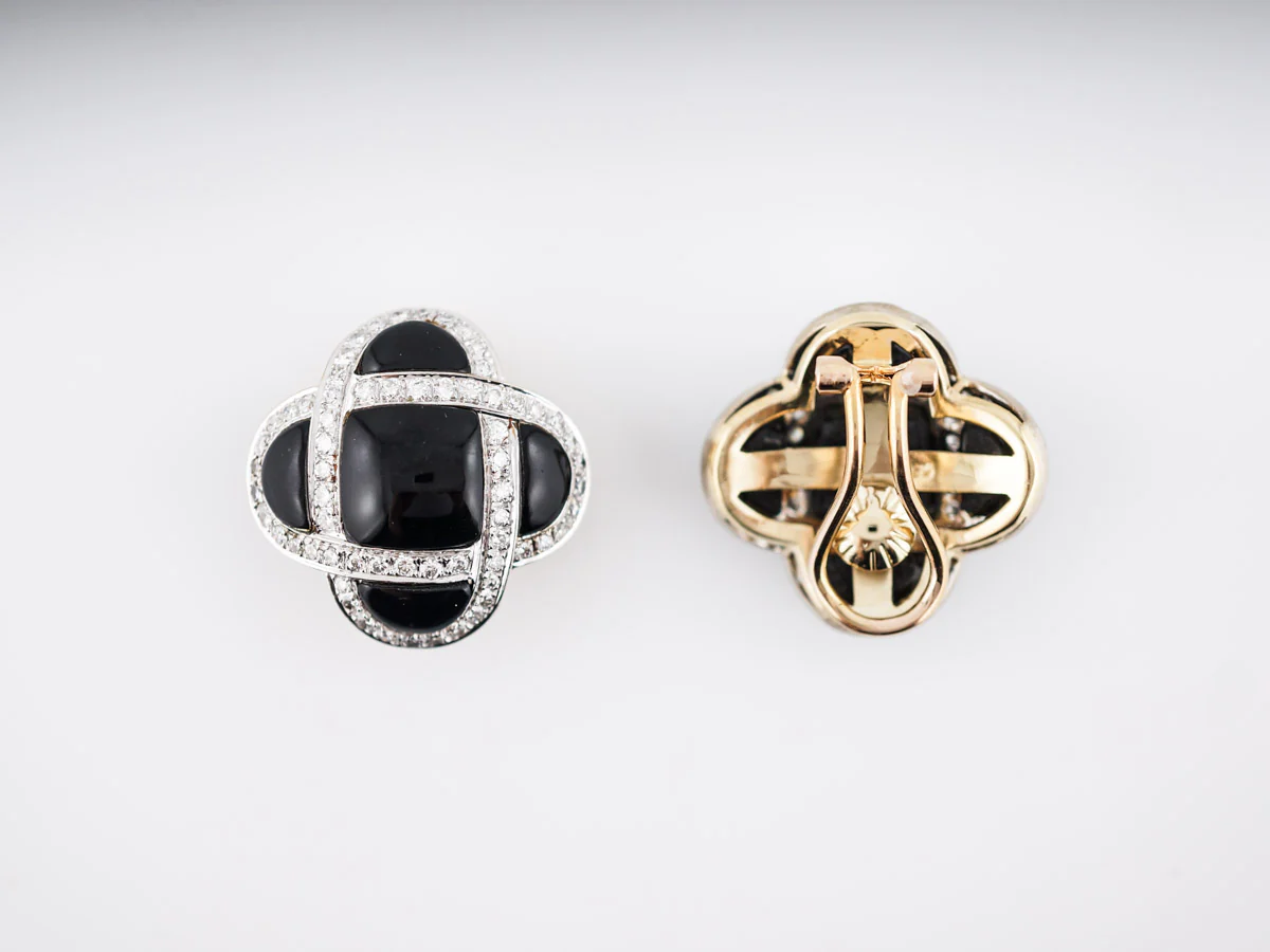 Modern Earrings 2.00 Round Brilliant Cut Diamonds & Onyx in 18k Yellow Gold - Image 2
