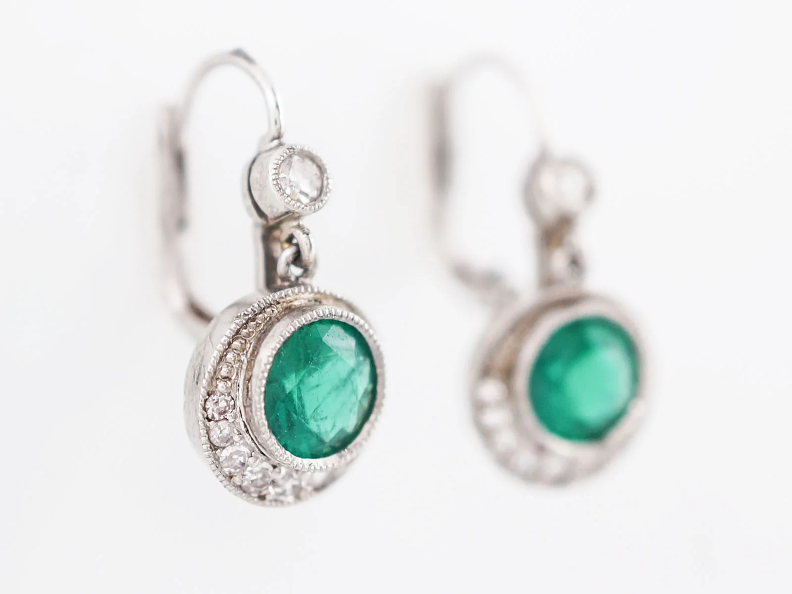 Modern Earrings 2.00 Round Cut Emeralds & .24 Round Brilliant Cut Diamonds in Platinum - Image 2