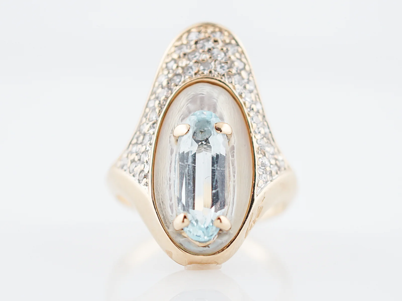 Modern Erte Right Hand Ring 1.80 Oval Cut Blue Topaz in 14k Yellow Gold
