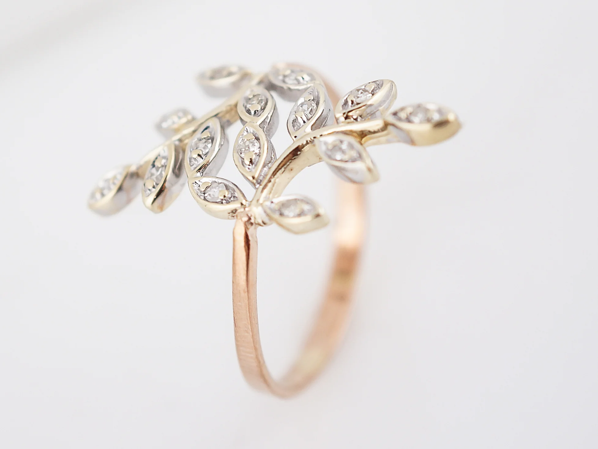 Modern Leaf Motif Ring .14 Single Cut Diamonds in 14K Rose & Yellow Gold - Image 3