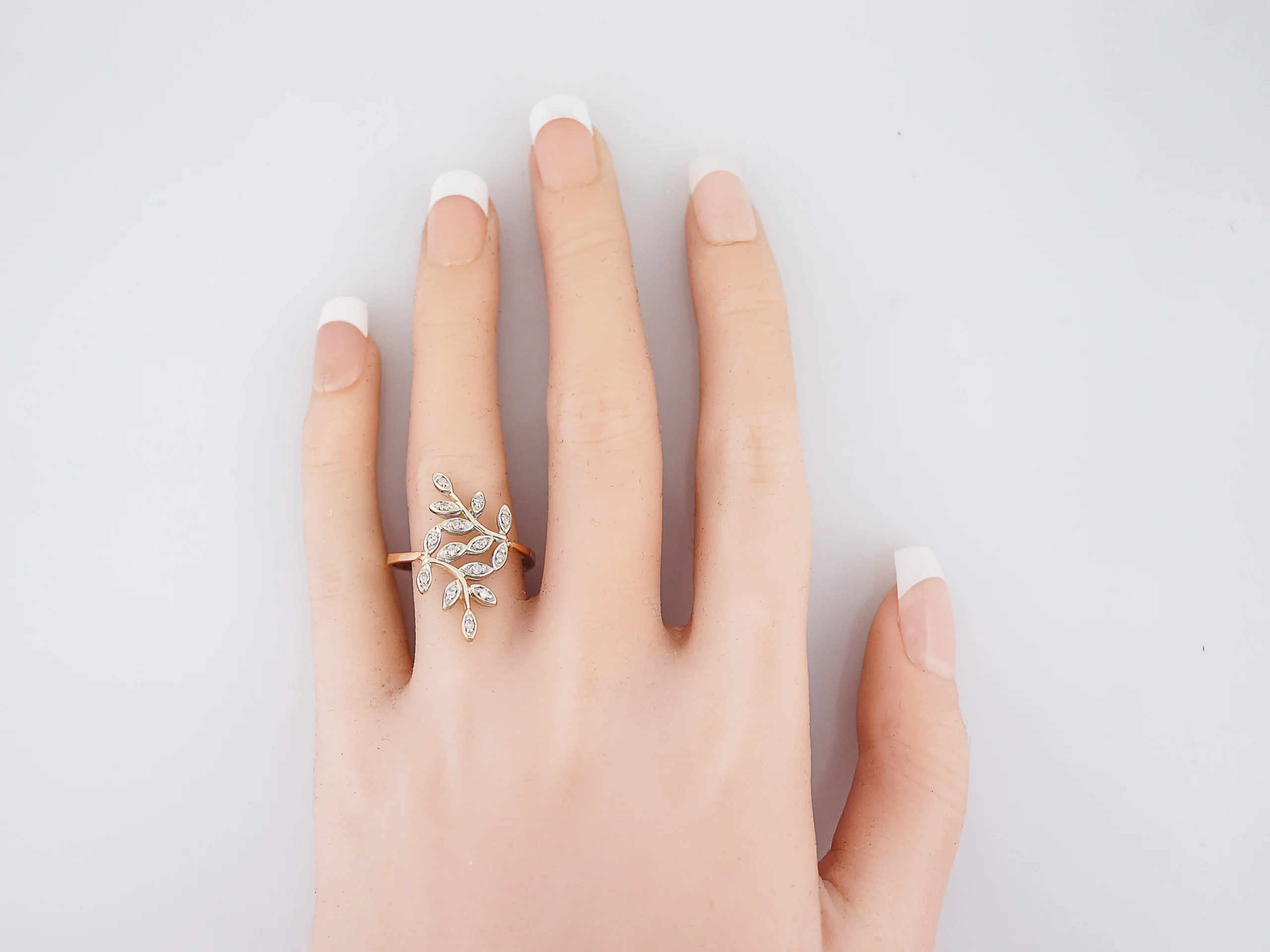 Modern Leaf Motif Ring .14 Single Cut Diamonds in 14K Rose & Yellow Gold - Image 4