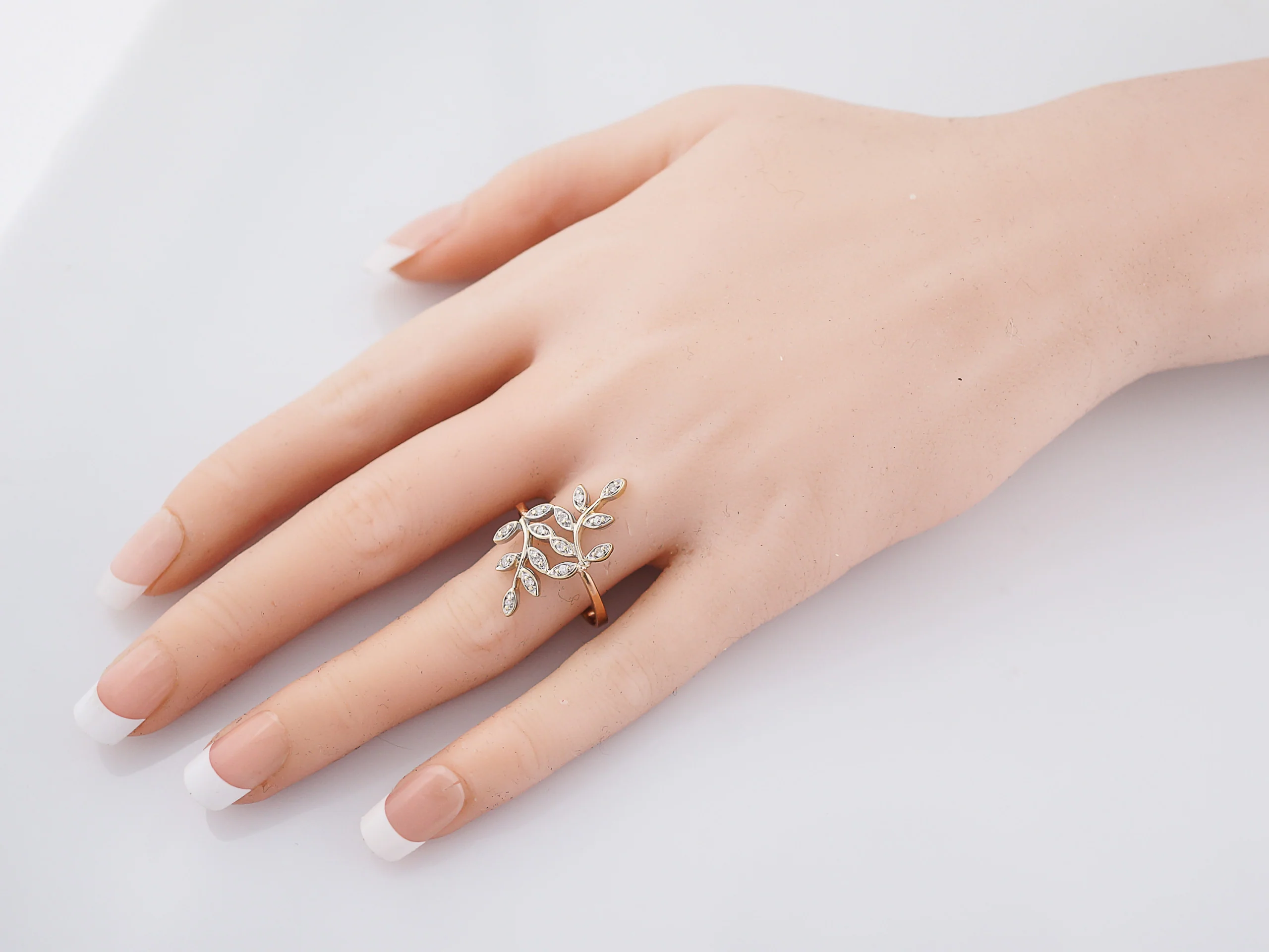 Modern Leaf Motif Ring .14 Single Cut Diamonds in 14K Rose & Yellow Gold - Image 5