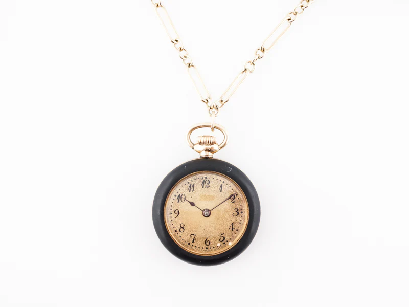Antique Pocket Watch Art Deco Gutta Percha & 14k Yellow Gold - Image 2
