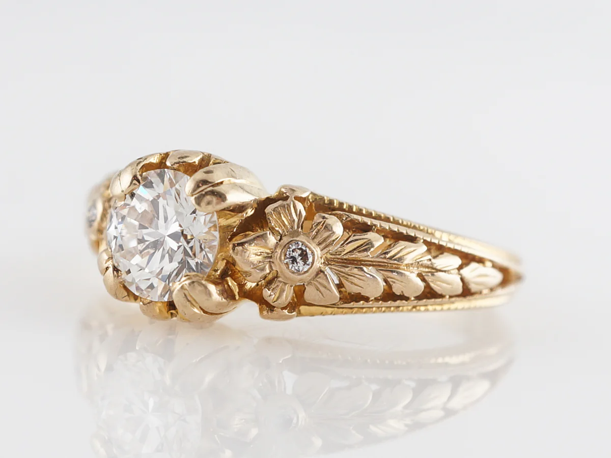 Modern Orange Blossom Engraved Engagement Ring in Yellow Gold - Image 2