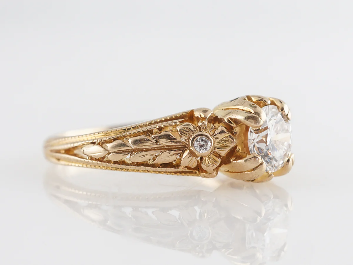 Modern Orange Blossom Engraved Engagement Ring in Yellow Gold - Image 3
