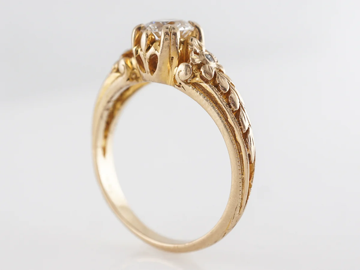 Modern Orange Blossom Engraved Engagement Ring in Yellow Gold - Image 4