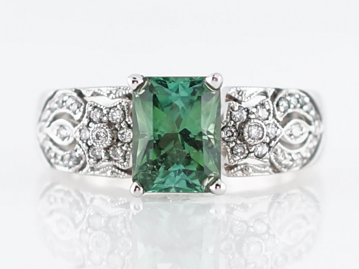 Modern Right Hand Ring 1.59 Emerald Cut Green Tourmaline in 18k White Gold