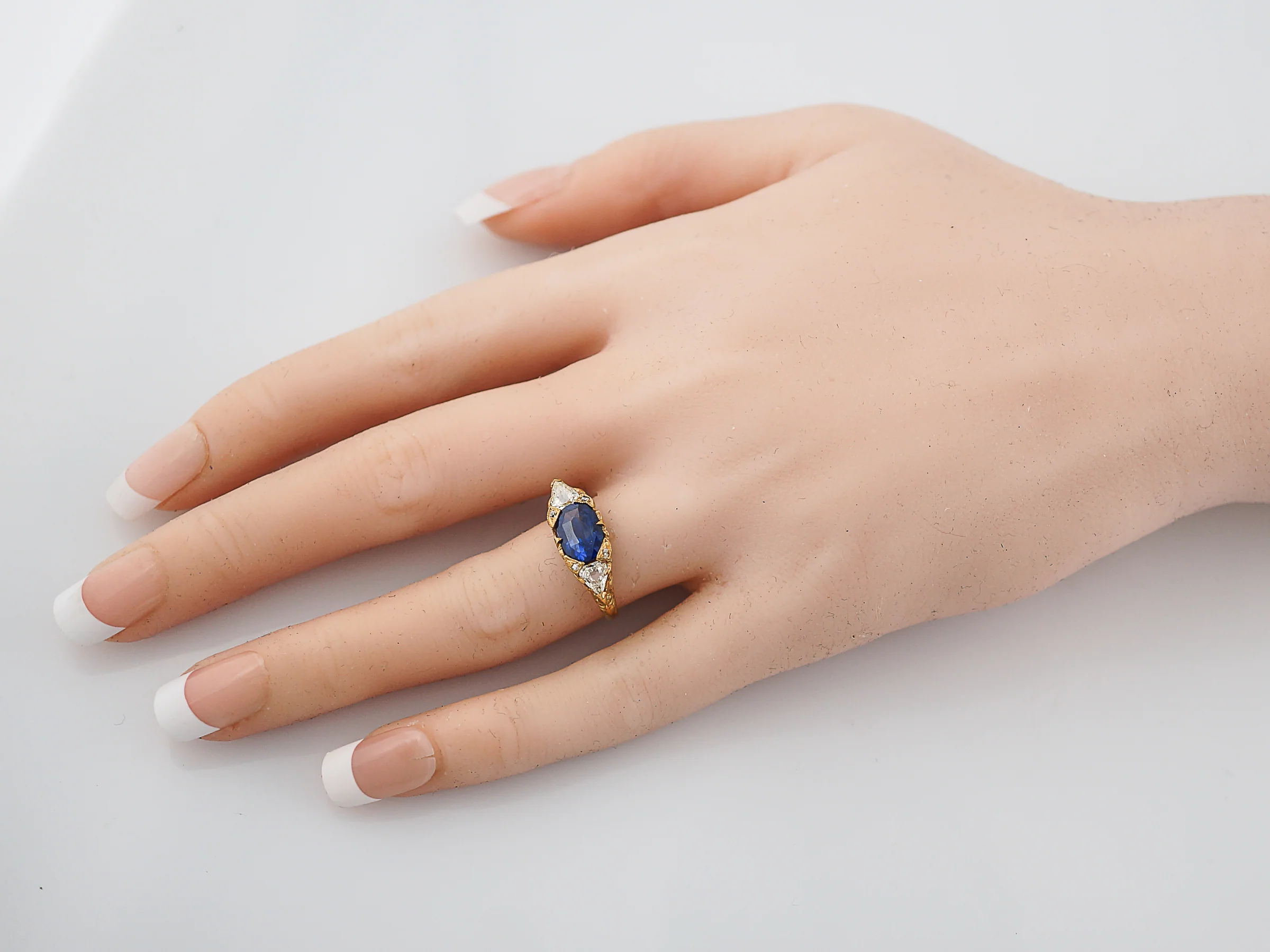 Modern Right Hand Ring 2.21 Oval Cut Sapphire & .53 Pear Cut Diamonds in 18K Yellow Gold - Image 4