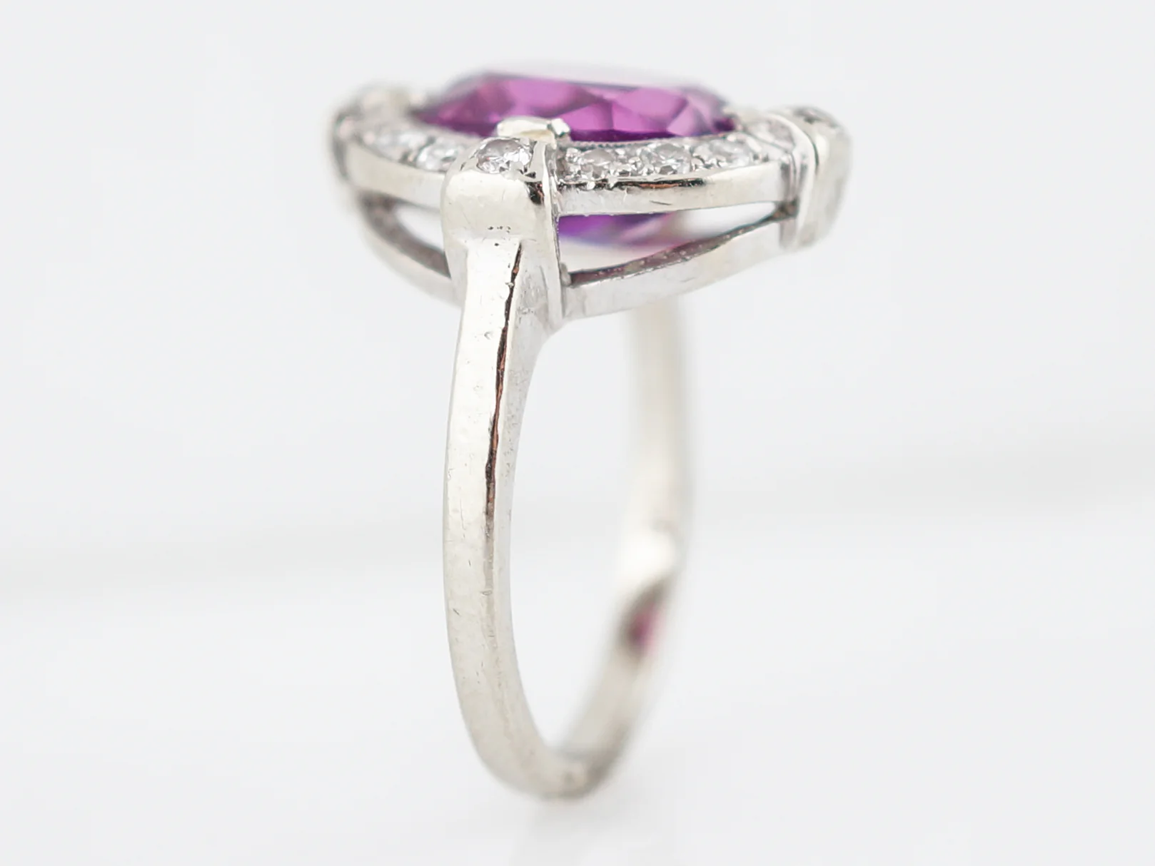 Modern Right Hand Ring 3.00 Oval Cut Pink Amethyst & .25 Round Brilliant Cut Diamonds in 14k White Gold - Image 6