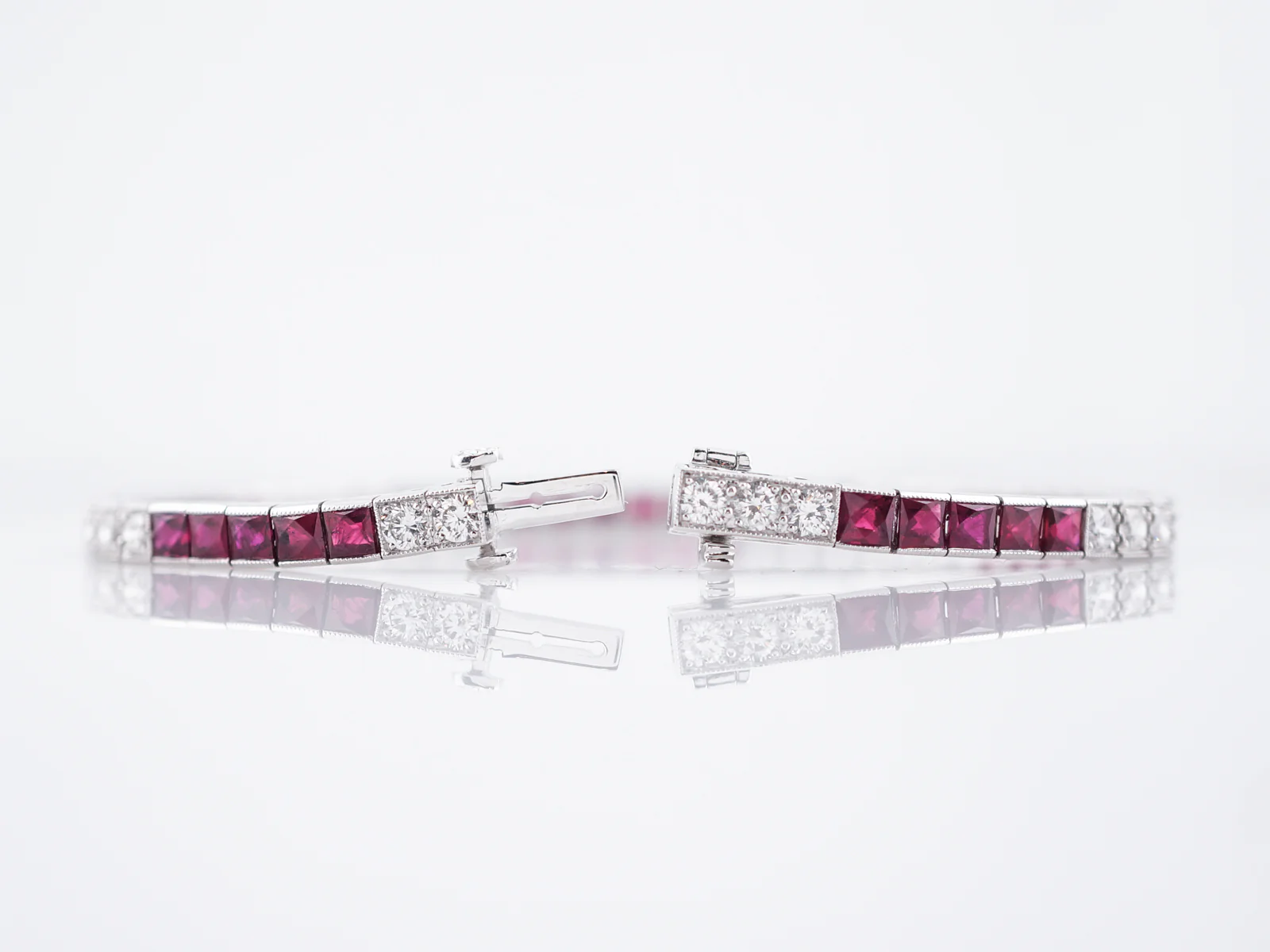Modern Straight Line Bracelet 5.28 Square Cut Rubies & 2.60 Round Brilliant Cut Diamonds in Platinum - Image 2