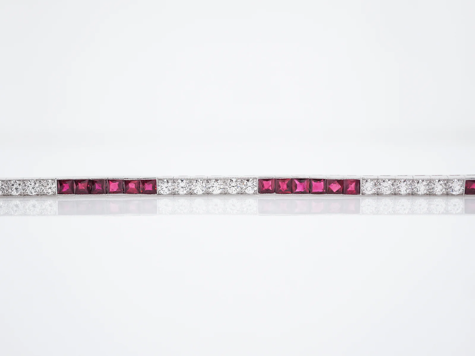 Modern Straight Line Bracelet 5.28 Square Cut Rubies & 2.60 Round Brilliant Cut Diamonds in Platinum - Image 3