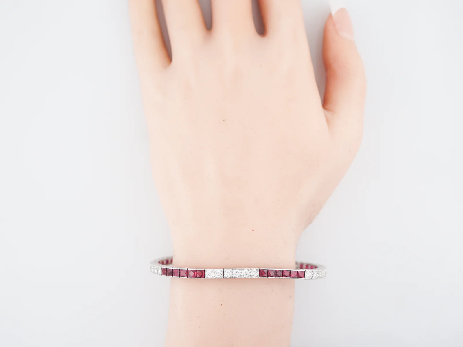 Modern Straight Line Bracelet 5.28 Square Cut Rubies & 2.60 Round Brilliant Cut Diamonds in Platinum - Image 4
