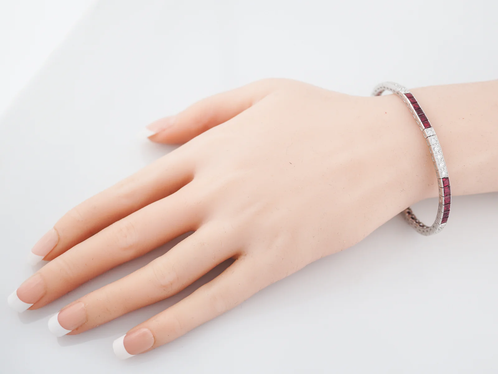 Modern Straight Line Bracelet 5.28 Square Cut Rubies & 2.60 Round Brilliant Cut Diamonds in Platinum - Image 5