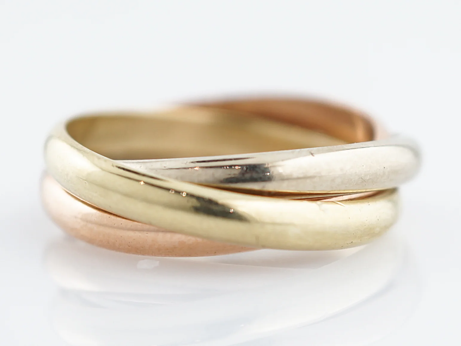 Modern Trinity Roll Ring in 14k Yellow, White & Rose Gold - Image 2