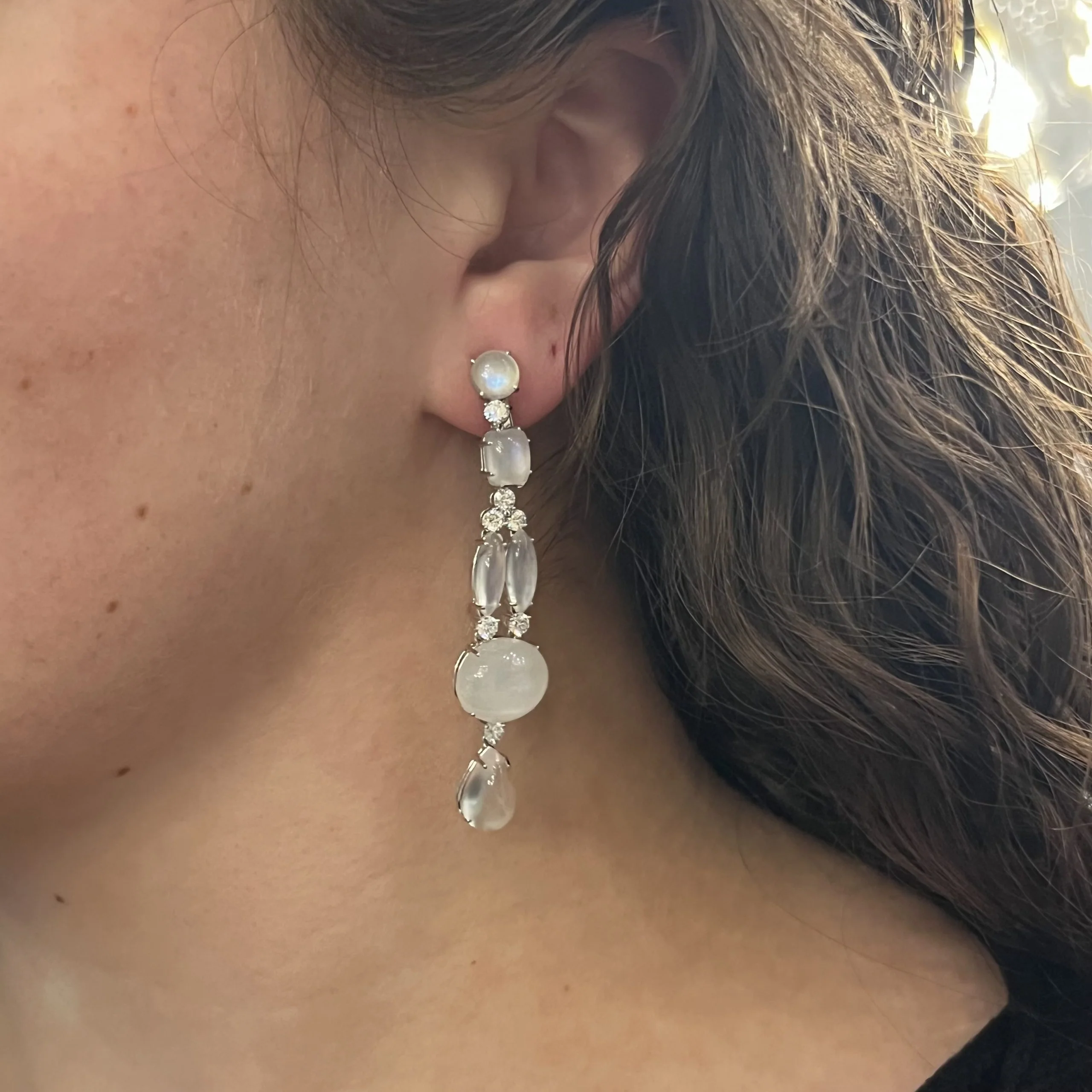 Moonstone & Diamond Drop Earrings in 18k White Gold - Image 4